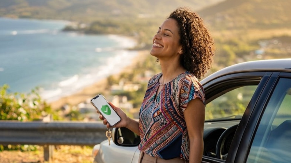 Mujer sonriente junto a su auto frente a la costa